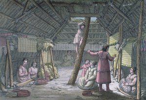 Interior de uma casa em Unalaska, ilustração de &39;Le Costume Ancien ou Moderne&39; de Jules Ferrario, publicar; d em Milão c.1820 (gravura colorida)